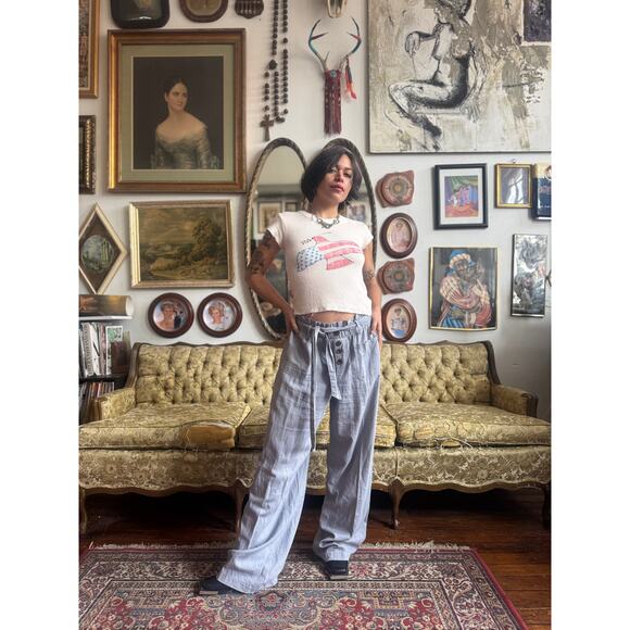 Slouch Gray Linen Wide Leg Casual Pants w Drawstring Ladies Size S/M - Picture 8 of 8